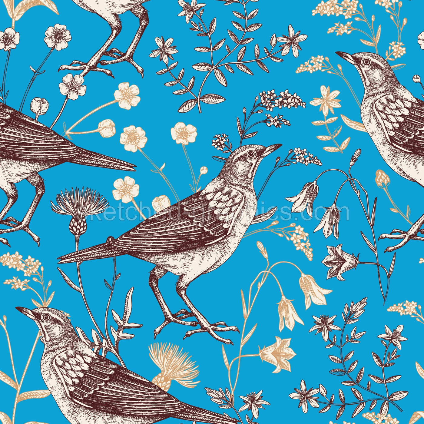 Summer background. Floral seamless pattern in color. Wildflowers and birds vector illustration in sketch style. Perfect for textile, wrapping paper, packaging, fabrics. Illustration